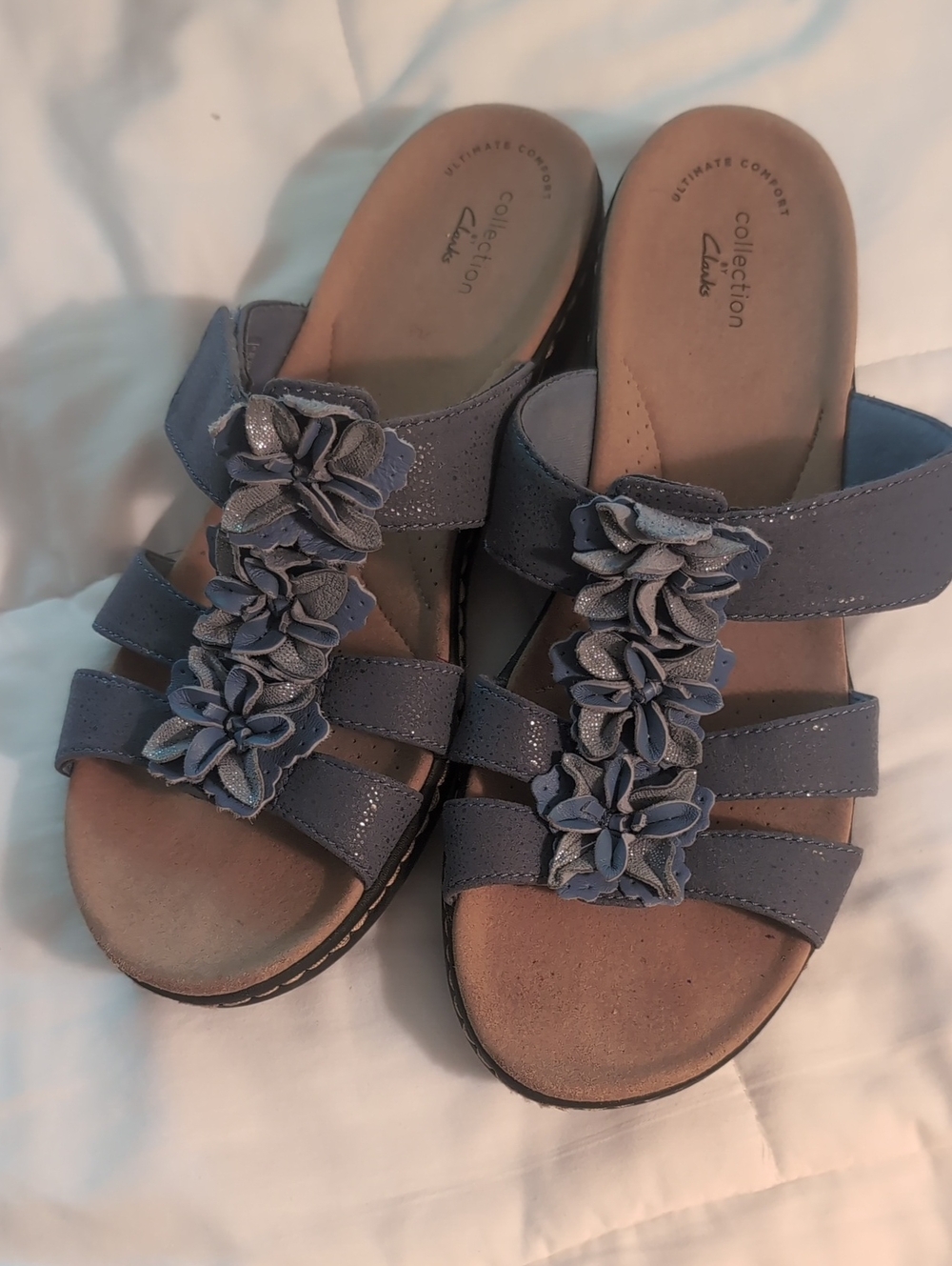 Clarks Blue Floral T-Strap Slide Sandals
